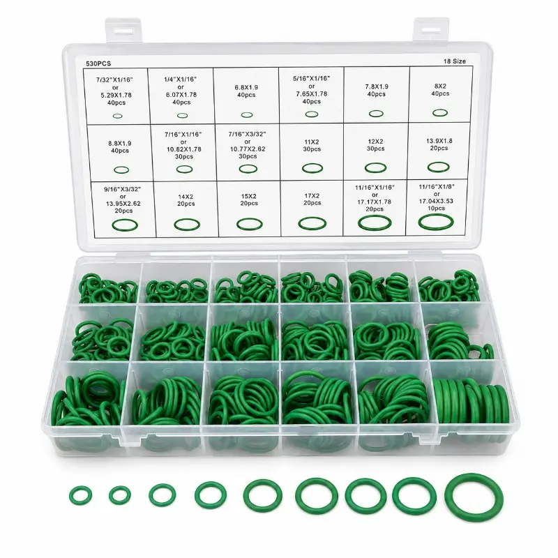 Fast'n Free 530pcs Car Gasket HNBR A/C System O-Ring Assortment Set Green Rubber Washer Seal Kit for Vehicle Maintenance 18 Size Precision Fit Durable Longlasting Material Hnbr Rubber A/C Seals