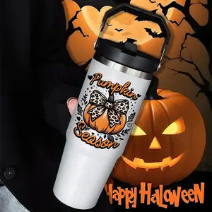 Halloween Leopard Print Bowknot 30oz Insulated Cup with Straw, Stainless Steel Coffee Mug, Perfect Halloween Gift for Men & Women