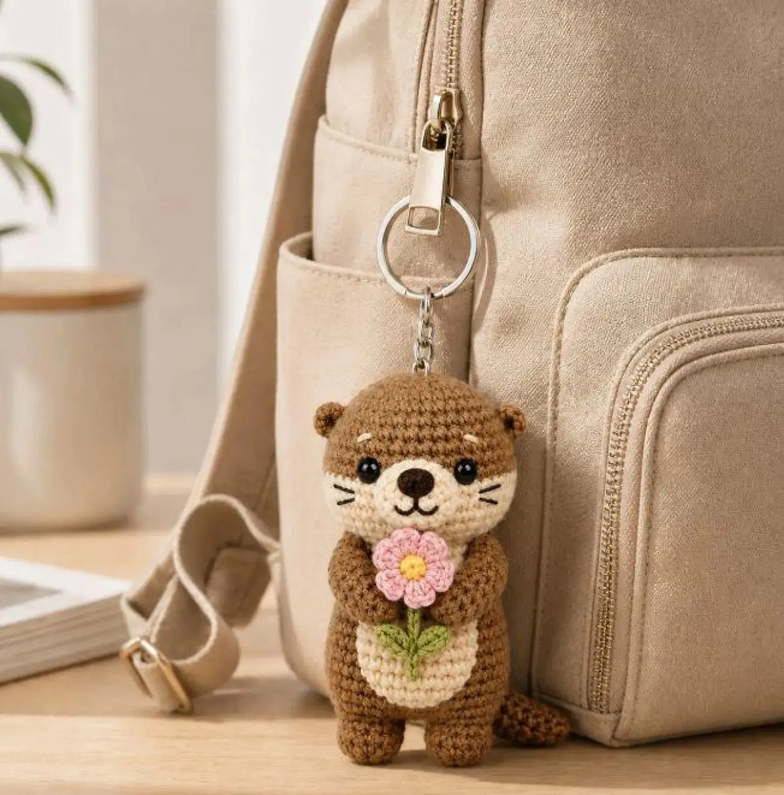 Crochet Otter Keychain with Flower, Cute Amigurumi Otter Bag Charm, Handmade Animal Keychain, Kawaii Backpack Charm Gift