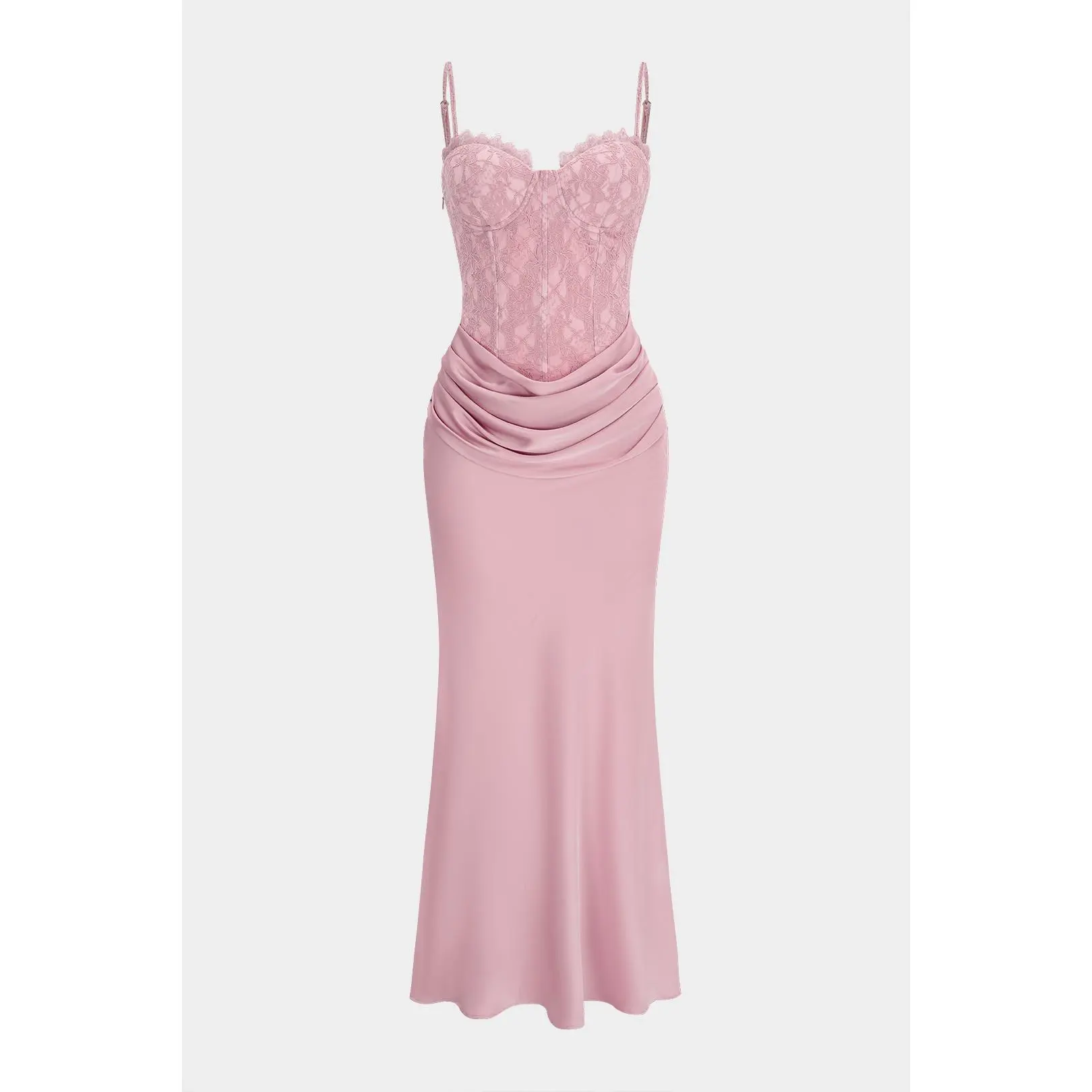 Lace Patchwork Ruched Slip Sleeveless Maxi Dress