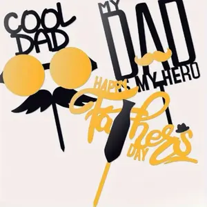 3pcs Father's Day cake decoration with gold and black acrylic double-layer cake cards Father's Day gift party dessert decoration