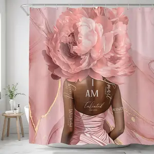 Four-piece black girl bathroom set, including non-slip rug, toilet seat cushion, and floor mat (with 12 hooks), floral shower curtain set, bathroom set with rug and accessories