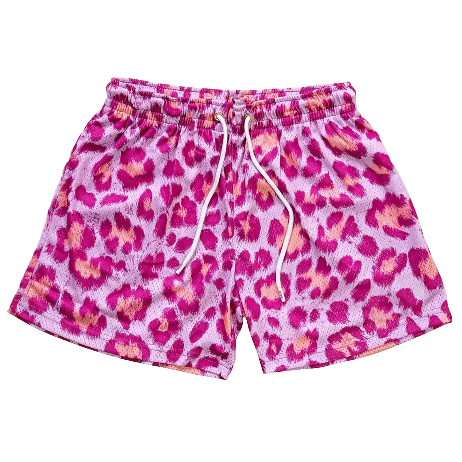 MECH-ENG Mens Casual Graphic Shorts Leopard Print Drawstring Running Gym Lightweight Athletic Shorts(Pink red Small)