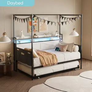 [Bellemave]Twin Daybed with Trundle, Metal Trundle Bed Version, Sofa Bed Frame Reinforced by Heavy-Duty Metal Slats, Equipped with Guardrail-Style Enclosures,White   WL