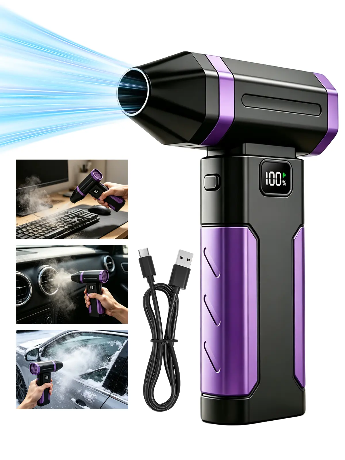 Compressed Air Duster Cordless, Rechargeable Electric Air Blower with 5-Speed Turbo Fan & LED Light, Portable Mini Dust Cleaner for Computer Keyboard, PC Case, Car Vents, Dashboard, Home, Office & Outdoor Cleaning
