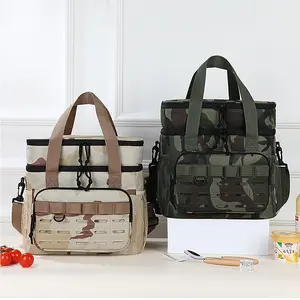 Camouflage Outdoor Dual-Layer Picnic Bag, Handheld Insulated Lunch Box, Large Capacity Camping Food Container, Portable Ice Pack Bag, Durable Insulated Bag, Insulated Lunchbox Cooler