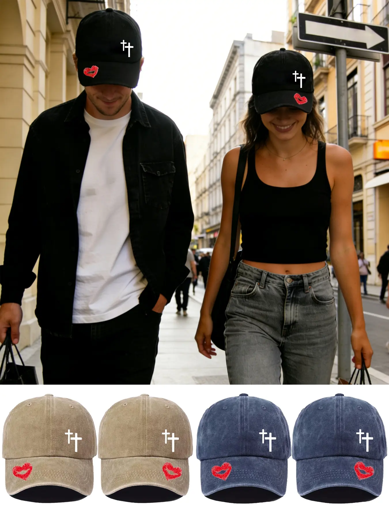 2pcs Couple's Vintage Valentine's Day Baseball Caps, Unisex Love Lips & Cross Printing, Adjustable Outdoor Hat for Travel Beach