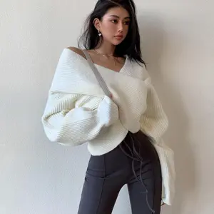 Fall Winter 2025 Chic Knit Base Layer - Women's Frazzled Elegance Cold Shoulder Asymmetric Sweater, Loose Cropped Fit