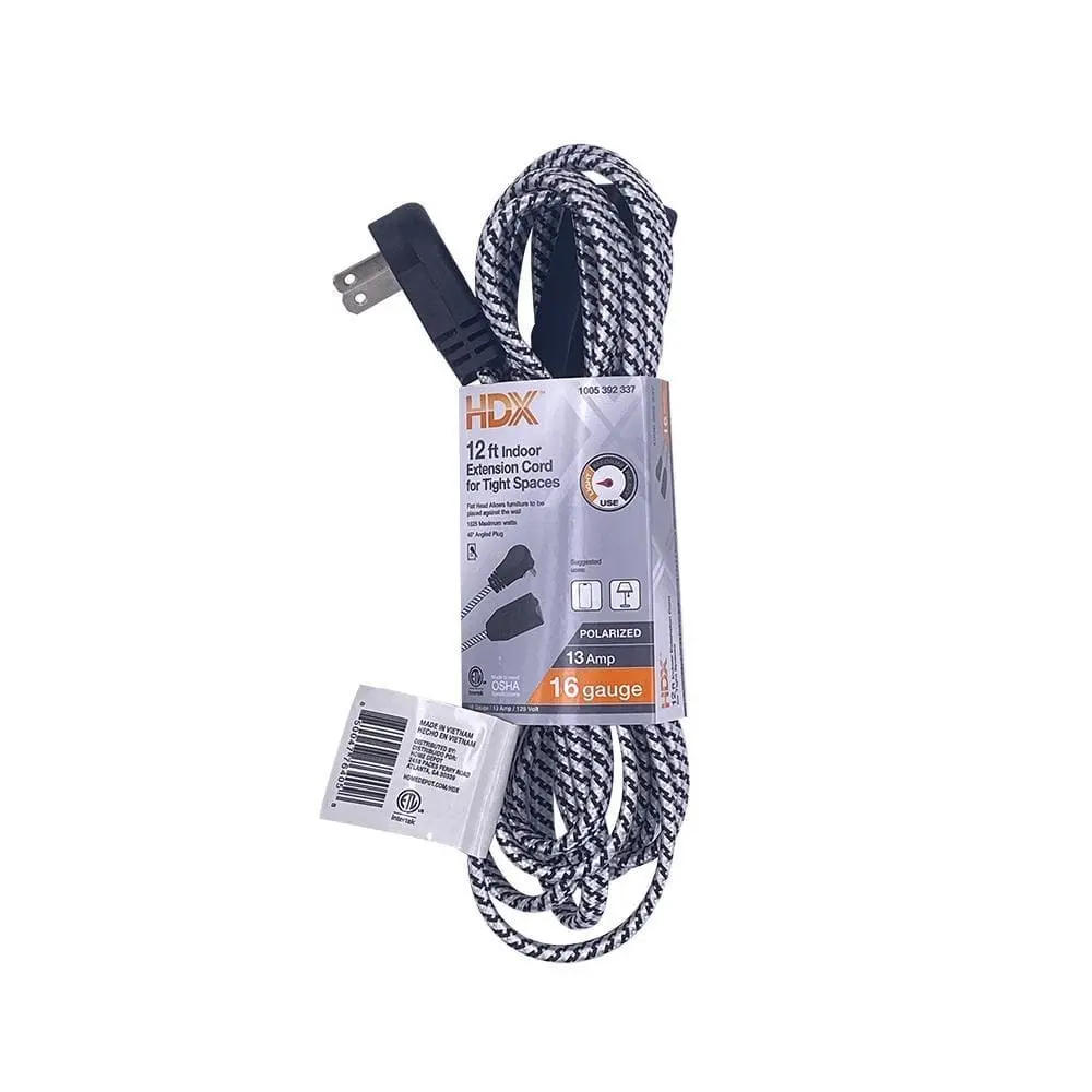 12 ft. 16/2 Light Duty Indoor Braided Tight Space Extension Cord, Black/White