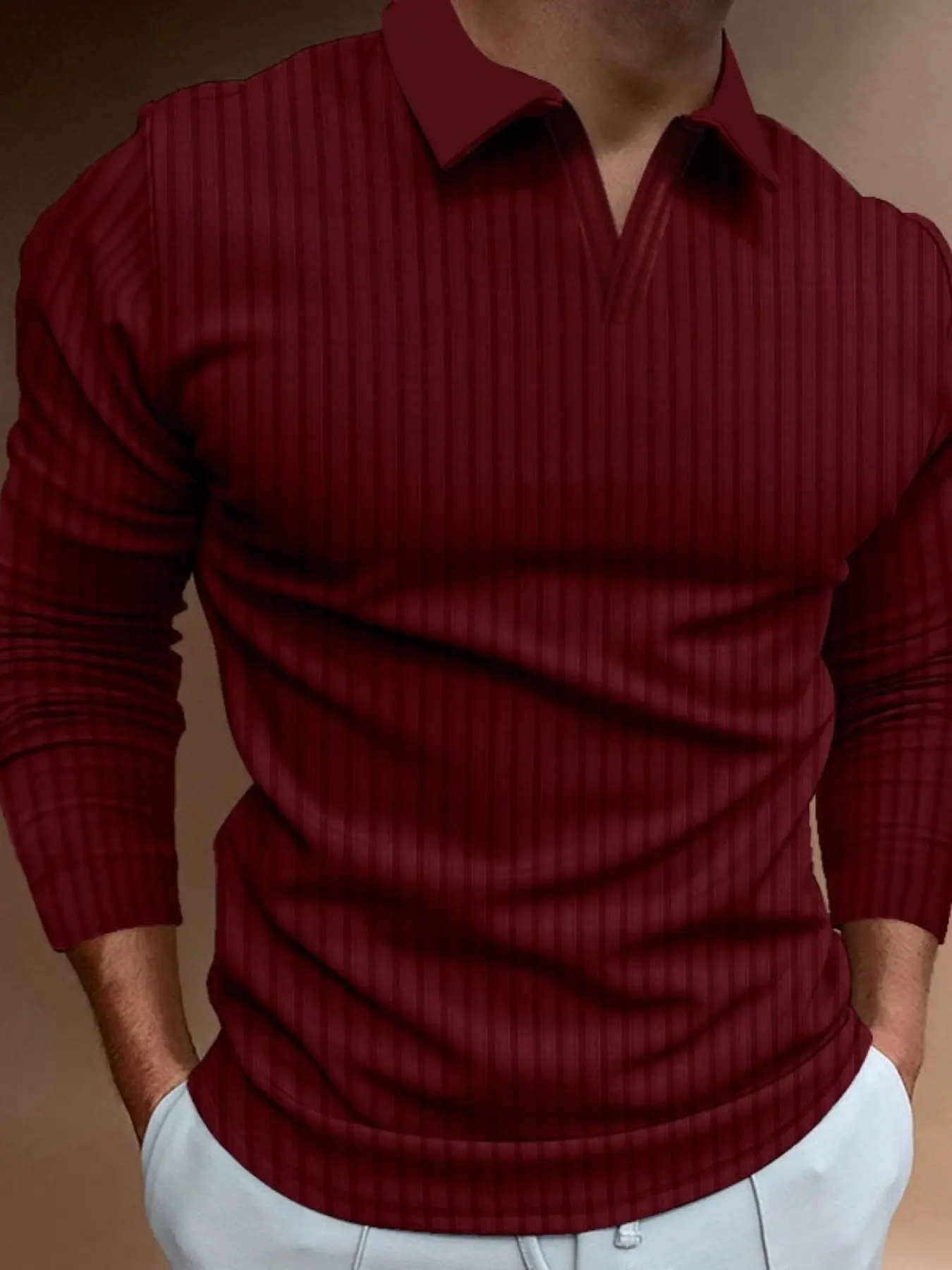 Men's Vertical Striped Collared Long Sleeve Polo Style Shirt Outfit, Casual Slim Fit V Neck Knit Top, Daily Commute Versatile Base Layer