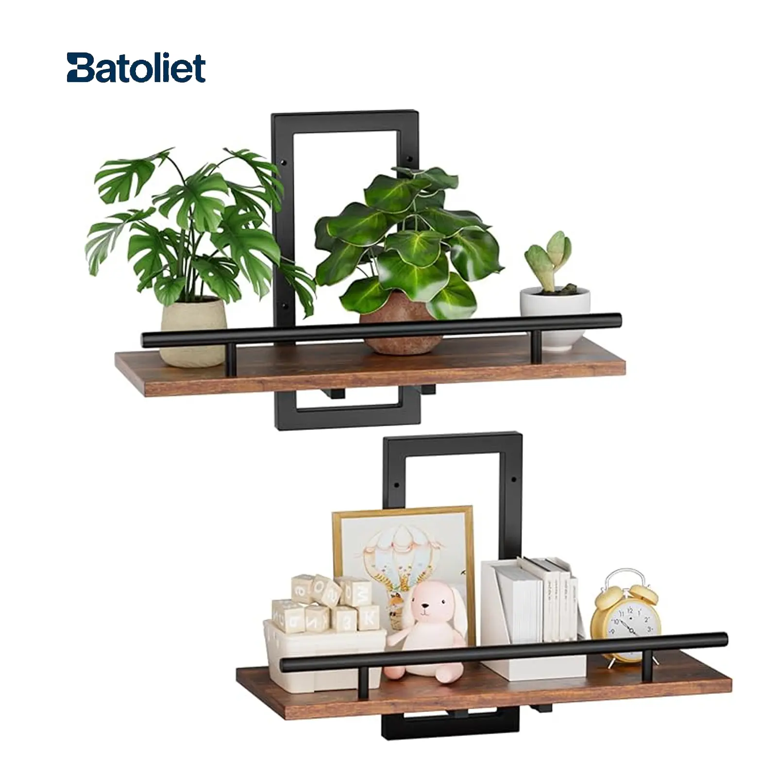 Floating Shelves for Wall to Hold Plants and Small Decor, 15.8 Inch Wall Mounted Shelves Set of 2, Easy to Mount Book Shelf for Bedroom, Living Room, Bathroom, Kitchen, Rustic Brown and a Perfect Mother's Day Gift Choice.