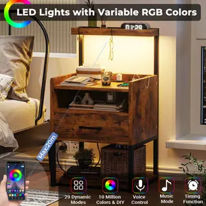 LED Nightstand with Charging Station Brown Wood Bedside Table Wooden Tabletop