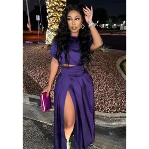 Zip up ruched slit T-shirt and Maxi skirt set