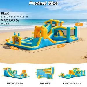 Inflatable Water Slide Park 、Backyard Bounce House with Splash Pool & Water Cannons Pool Float Colorful