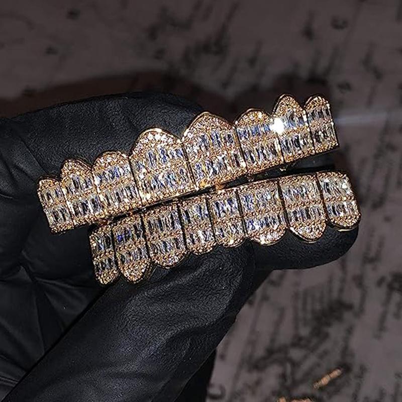 2pcs SET Baguette 8 Teeth Grillz Top & Bottom Mouth Grills for Hip Hop Enthusiasts Unique 8 Teeth Design Ideal Gift stone mountain grillz diamond belly button shape