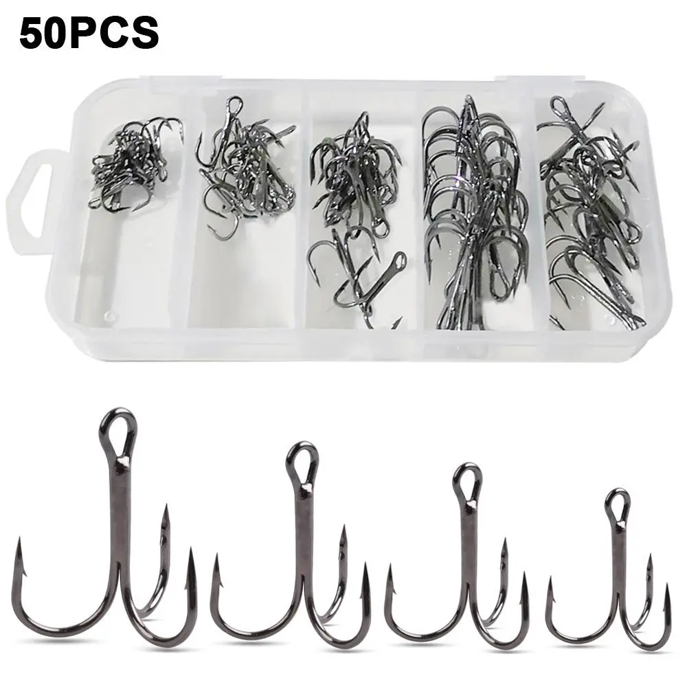 50pcs Treble Hook Set High Carbon Steel Fishing Hooks, Lure Hooks for Bass & Trout, Durable Fishhooks for Freshwater Angling, Fishing Gear, Fishing Equipment, Fishing Supplies, Fishing Stuff