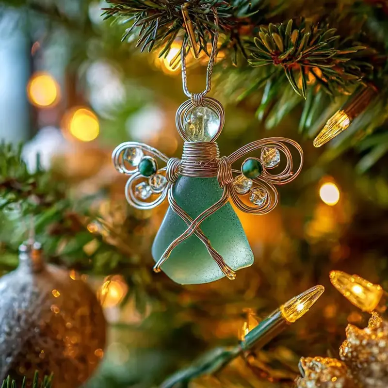 Sea Glass Angel Ornament Ocean Glass Angel Decoration, 3D Sea Glass Pendant, Holiday Decoration, Home Ornaments, Room Decor Ornament, Handmade Glass, Green Blue Translucent Glass, Hanging Ornament Souvenir, Sentimental Gift