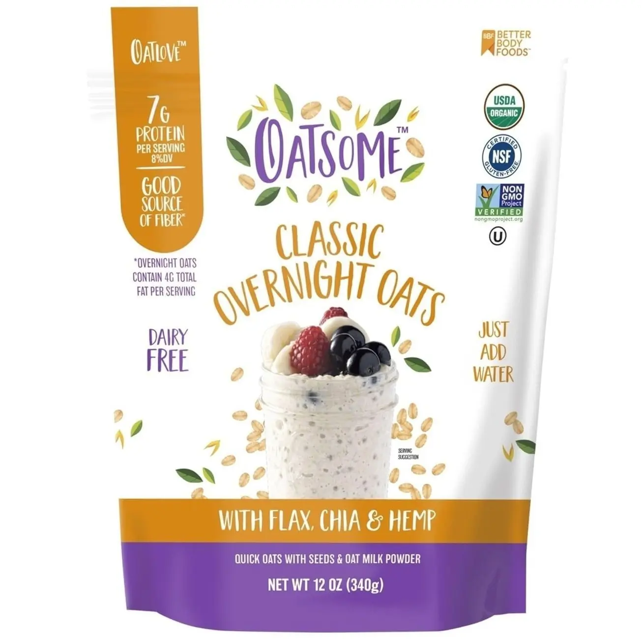 Oatsome Organic Overnight Oats with Chia, Flax, & Hemp, Gluten-Free Oatmeal with 7g of Protein, 12oz Bag
