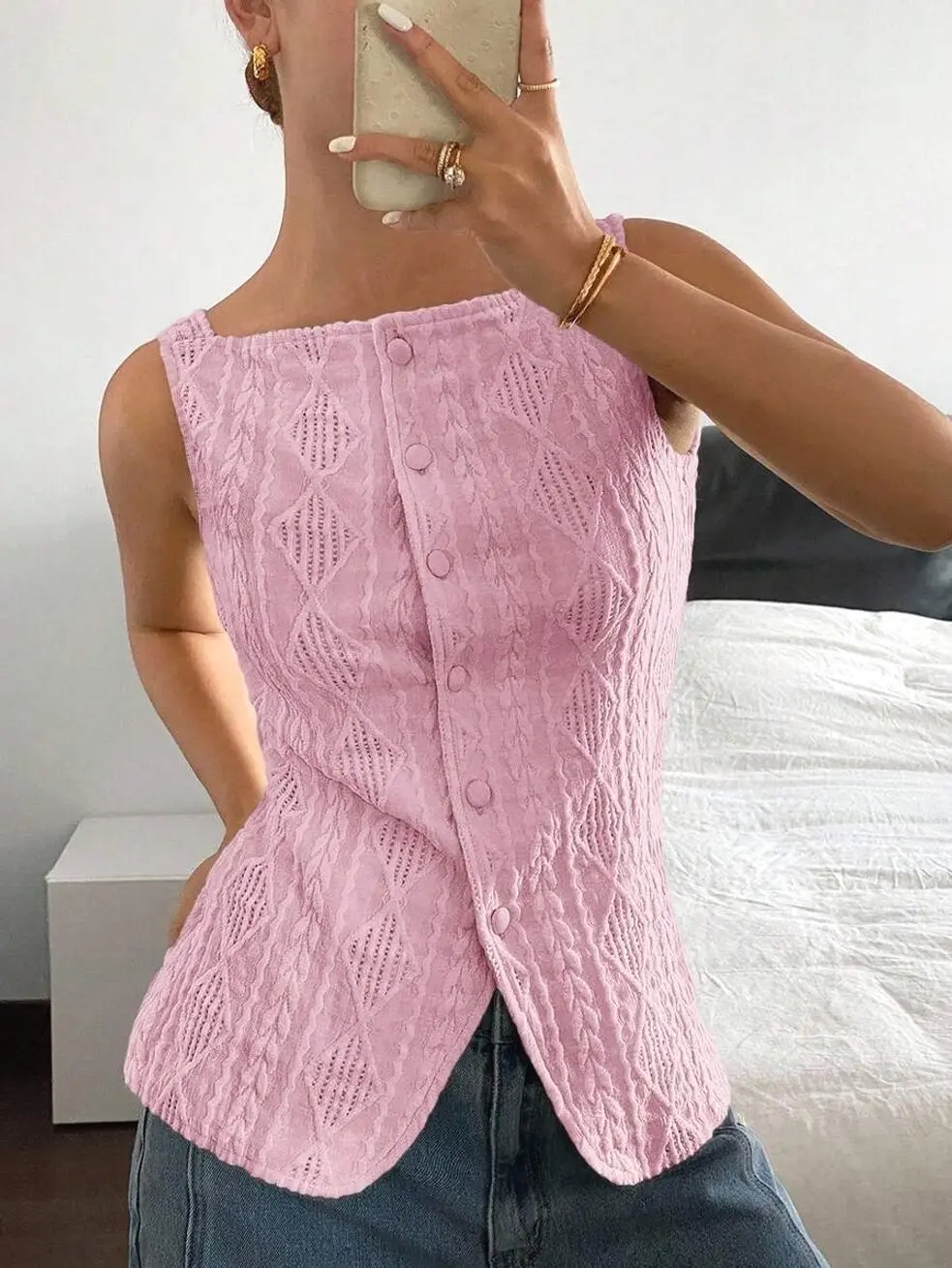 Women's Beige Sleeveless Textured Top, Geometric Pattern Single Breasted Slim Fit Blouse, Elegant French Summer Shirt