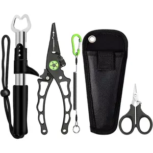 Aluminum Fishing Pliers, 5 Pcs Fishing Tool Kit, Upgraded Muti-Function Hook Remover and Fish Scissors, Fishing Gear, Ice Fishing Gift for Men