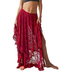Women's Crochet Lace High-Low Asymmetric 3 Layered Flowy Maxi Skirt - Elastic Waist, See-Through Sheer, Boho Aesthetic, Beach Wear, Flowy Skirts, 3 Layered Skirts