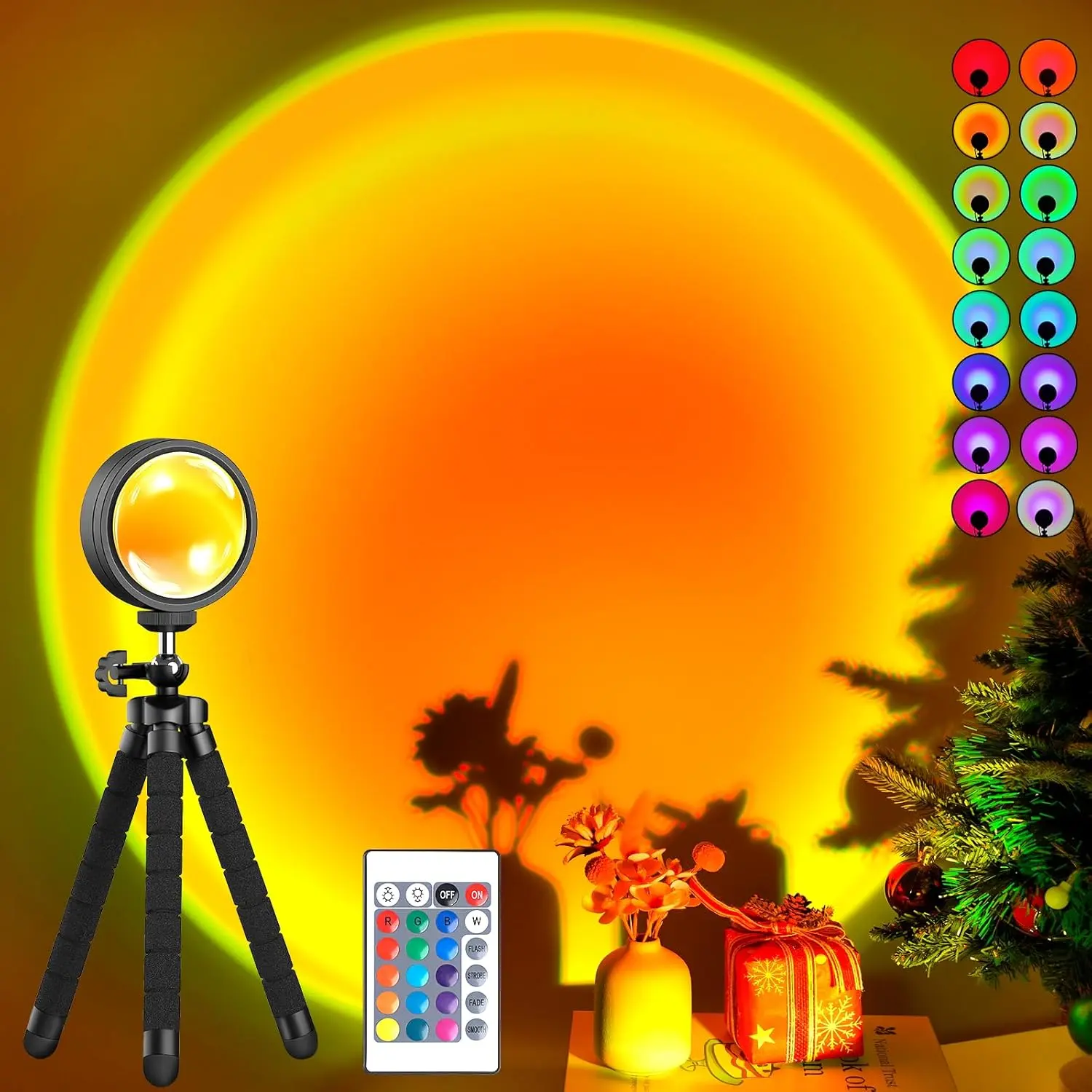 16-Color Rotatable Sunset LED Floor Lamp - USB-Powered Low Voltage RGB Mood Lighting with Batteries, Tripod Stand, Plug-and-Play Functionality, Adults’ Indoor Housewarming Decor, Christmas Gift for Women