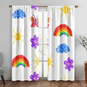 2-Piece Rainbow Cloud Flower Print Curtains, Stylish Rod Pocket Window Drapes for Bedroom, Kids Room & Living Room, Easy Installation for Cafes & Offices