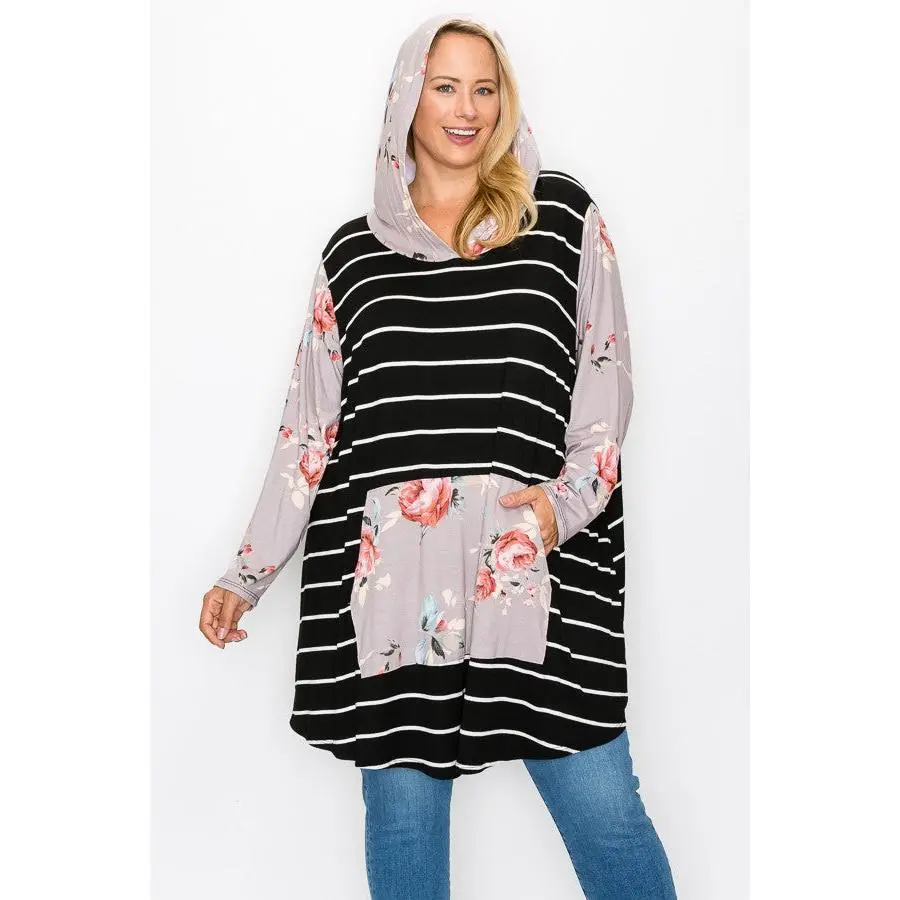 Women's Fitted Casual Long-Sleeve Hooded Pullover Hoodie - Spandex-Polyester-Rayon Blend, Black & White Striped, Mauve Floral, Plus Sizes (2X,4X,5X,6X), Spandex Stretch, Women's Tops & Sweatshirts, Hooded Neck