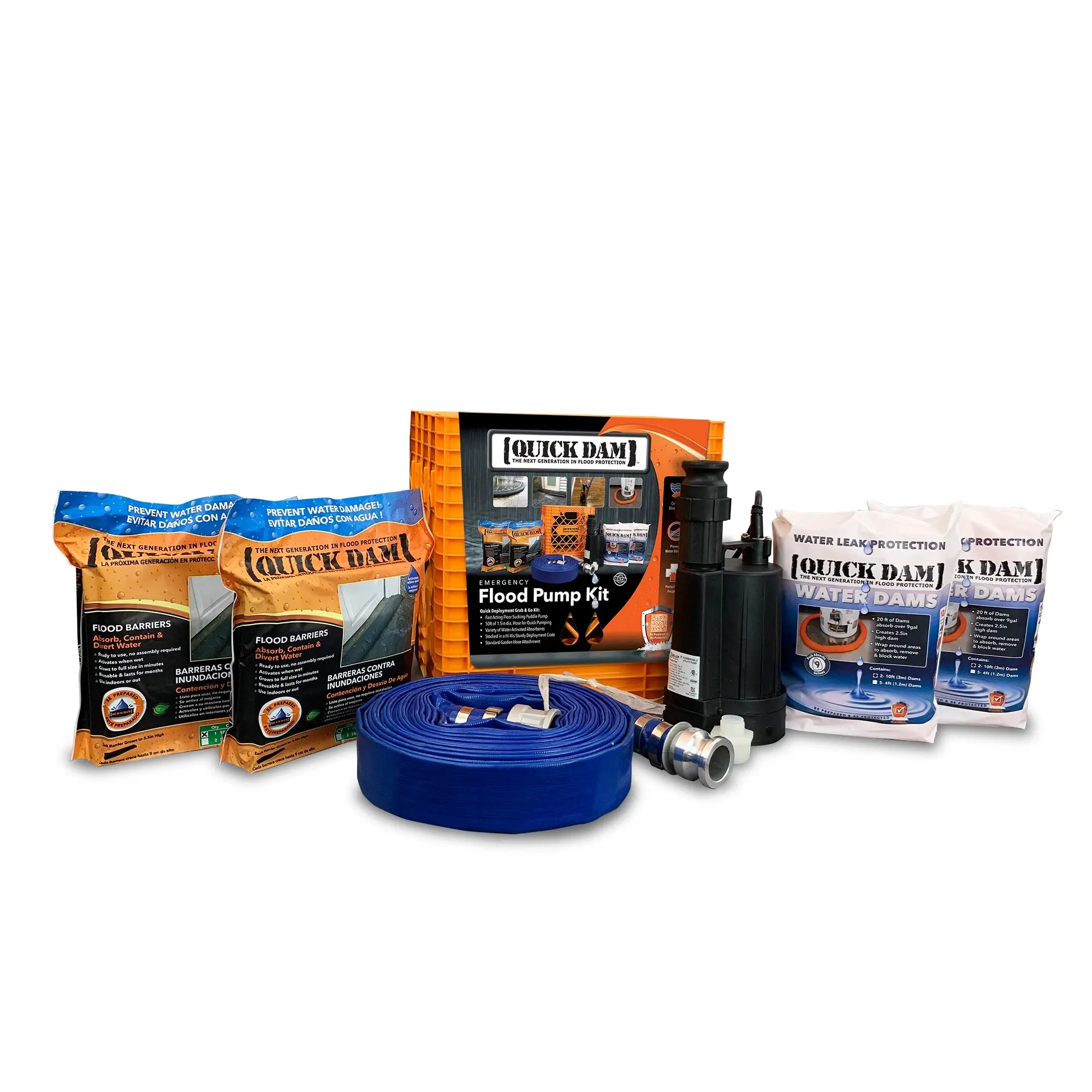 Pump Kits - High-Quality Submersible Pump, 50ft Hose, Hi-Vis Orange Crate, 10ft Flood Barriers, 10ft Water Dams for Indoor & Outdoor Flood Control