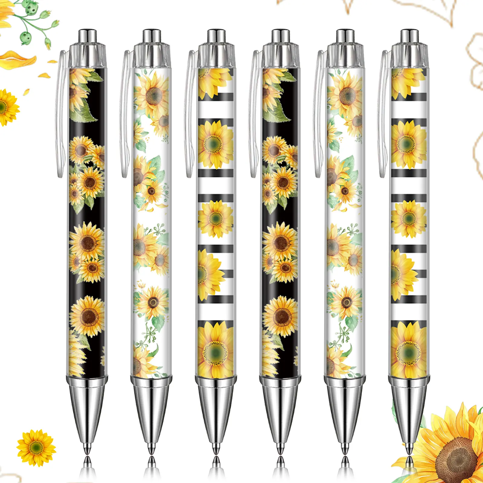 12/ 6 pcs Sunflower Print Ballpoint Pens - Black Ink for Sunflower Themed Parties, Thank You Gifts, Office & Classroom Decor, Stationery Set, Office Stationery Supplies, Aesthetic Pens, Cool Pens, Smooth Writing Experience for Gifting and Everyday Use