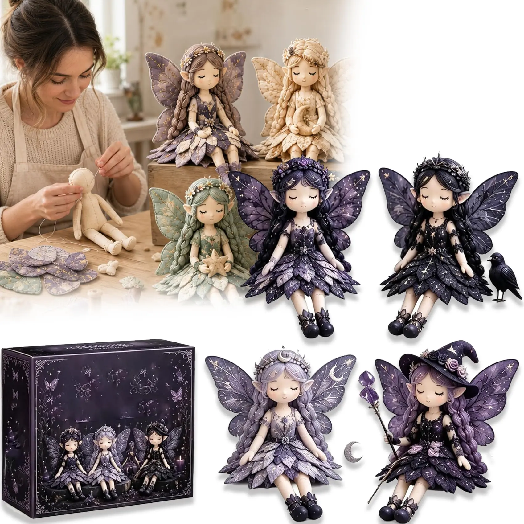 Fairy Patchwork DIY Collection, Flower Fairies Sewing Kit with Pre-Cut Fabric & Accessories, Make 4pcs Winged Fairy Doll Craft Set, Complete DIY Sewing Supplies for Beginners, Decor Gift