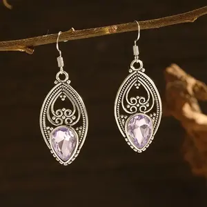 Earring Women - Vintage Antique Silver Filigree Purple Amethyst-Hued Crystal Teardrop Dangle Earrings, Unique Funky Bohemian Jewellery Accessory for Goth-Chic Gift Exquisite Jewelry Gift