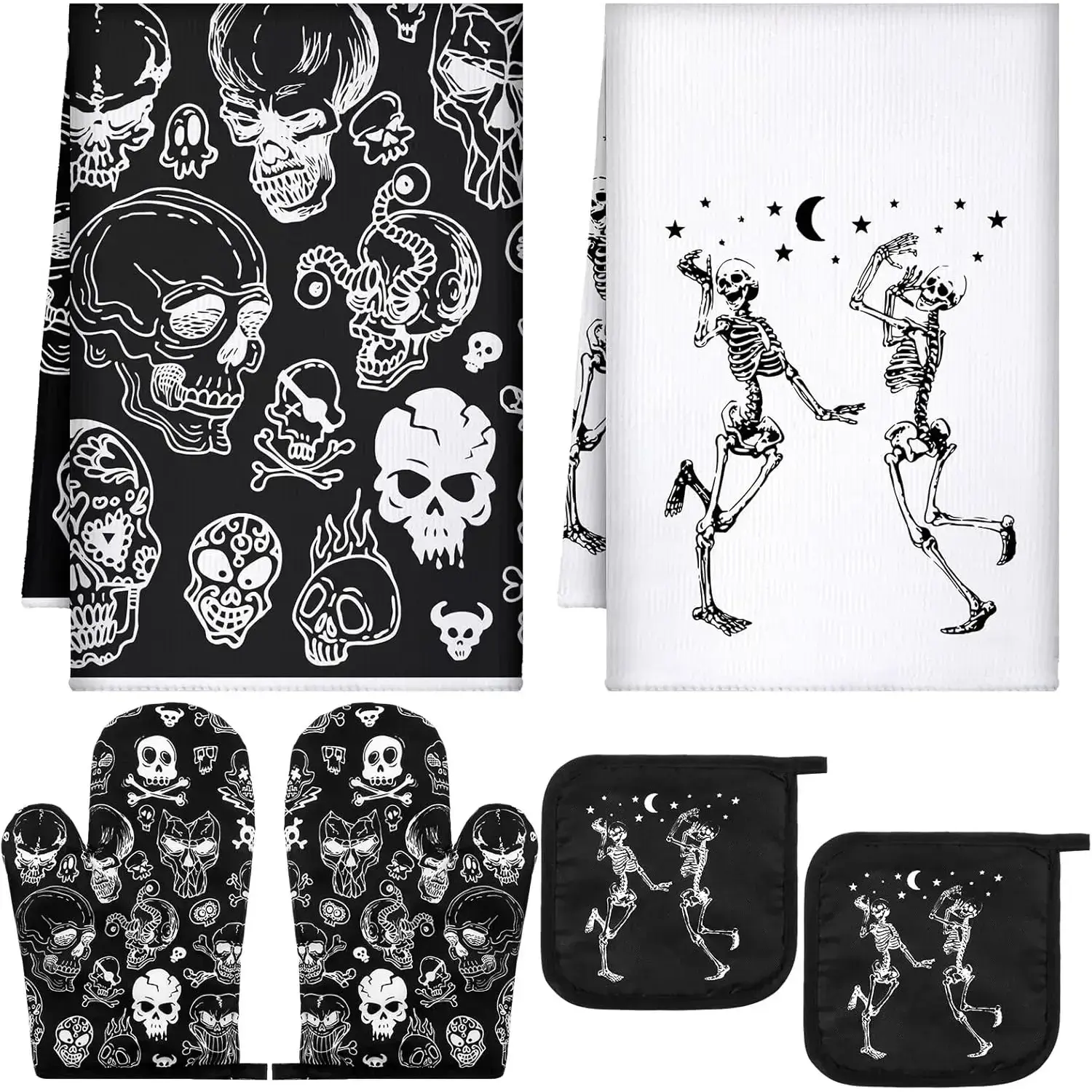 Gothic 6-Piece Insulated Skull Kitchenware Bakeware Set - Oven Mitts, Pot Holders, Skeleton Hand Dish Towels for Baking, Home Decor (Classic Color)