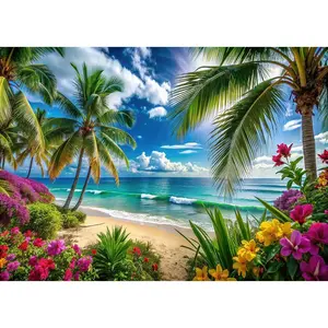 Summer Hawaiian Beach Photography Backdrop Tropical Flower Palm Leaves Background for Luau Aloha Party Decoration Banner Photo Booths