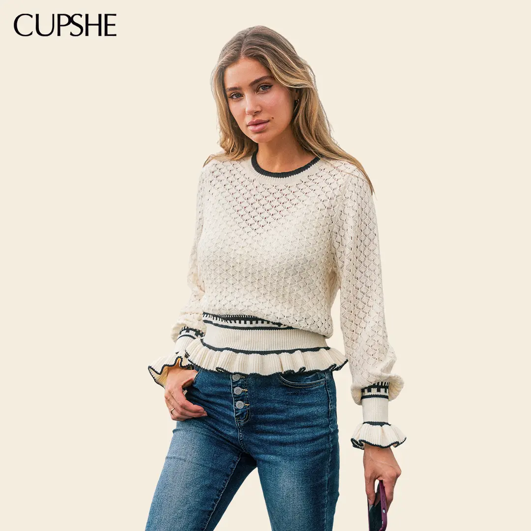 CUPSHE Women's Spin Around Knit Sweater, Crew Neck Long Sleeve Striped Sweater, Openwork Knit Top with Ruffle Cuff and Hem Detail, Elegant Casual Layering Top for Fall, Everyday Wear, Weekend Style