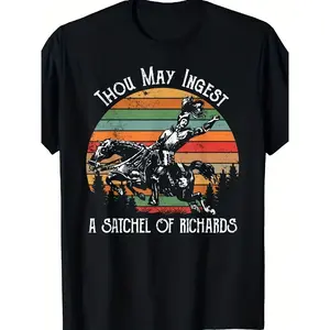 Medieval Knight & Richard's Wine Humor T-Shirt - 100% Cotton Lightweight Short Sleeve Round Neck Casual Tee with "Thou Shalt Drink Richard's Wine" Slogan & Retro Knight on Horseback Graphic - Funny Novelty Gift for Adults