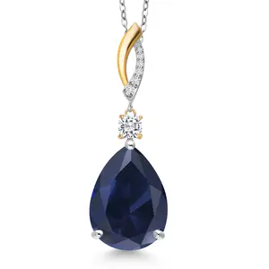 Gem Stone King 925 Silver and 10K Yellow Gold Blue Created Sapphire, Moissanite & Lab Grown Diamond Pendant Necklace for Women | 25.93 Cttw | Gemstone September Birthstone | Pear Shape 18X13MM | With 18 " Chain