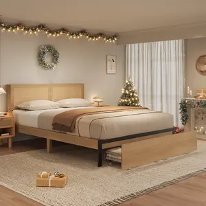 Farmhouse Style Full/Queen Platform Bed, Chic Woven Rattan Headboard with Soft Ambient Lighting, Practical Under Bed Storage Baskets, Hybrid Metal Frame & Durable Wood Slat Support, Silent Noise-Free Structure, Cozy Rustic Bedroom Decor, No Additional Fou