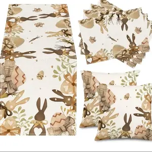 7pcs,Easter Bunny Egg Carrot Bow Leaf Table Runner Set, 7-Piece Spring Kitchen Decor, Home Party Decoration, Seasonal Easter Table Mats