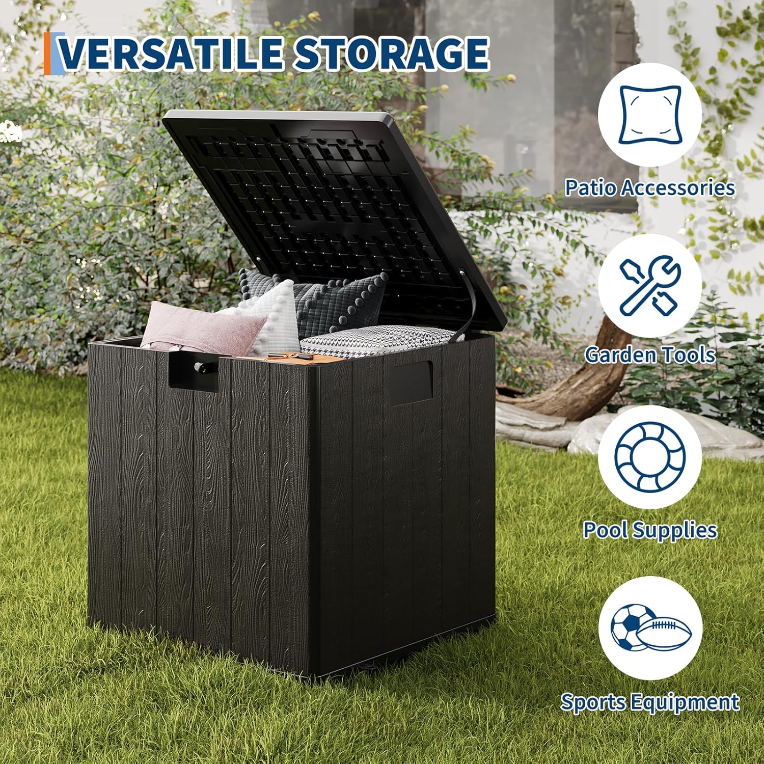 28 Gallon Deck Box, Waterproof Outdoor Storage Box with Lockable Lid, Heavy-Duty Resin Patio Furniture Cushion Storage Container for Garden, Backyard and Poolside