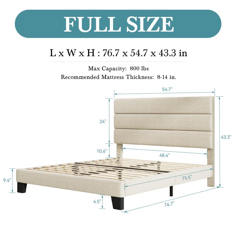 HOOMIC Upholstered Platform Bed Frame【Frame Only No Mattress】- Fabric Headboard with Strong Wood Slats,Full/Queen/King,Beige/Dark Grey/Navy Blue/Velvet Black/White,No Box Spring Needed