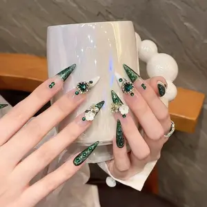 Emerald Green Long Stiletto Press On Nails, Handmade Luxury 3D Rhinestone Marble Set, Glam Holiday Christmas Nail Art Decoration