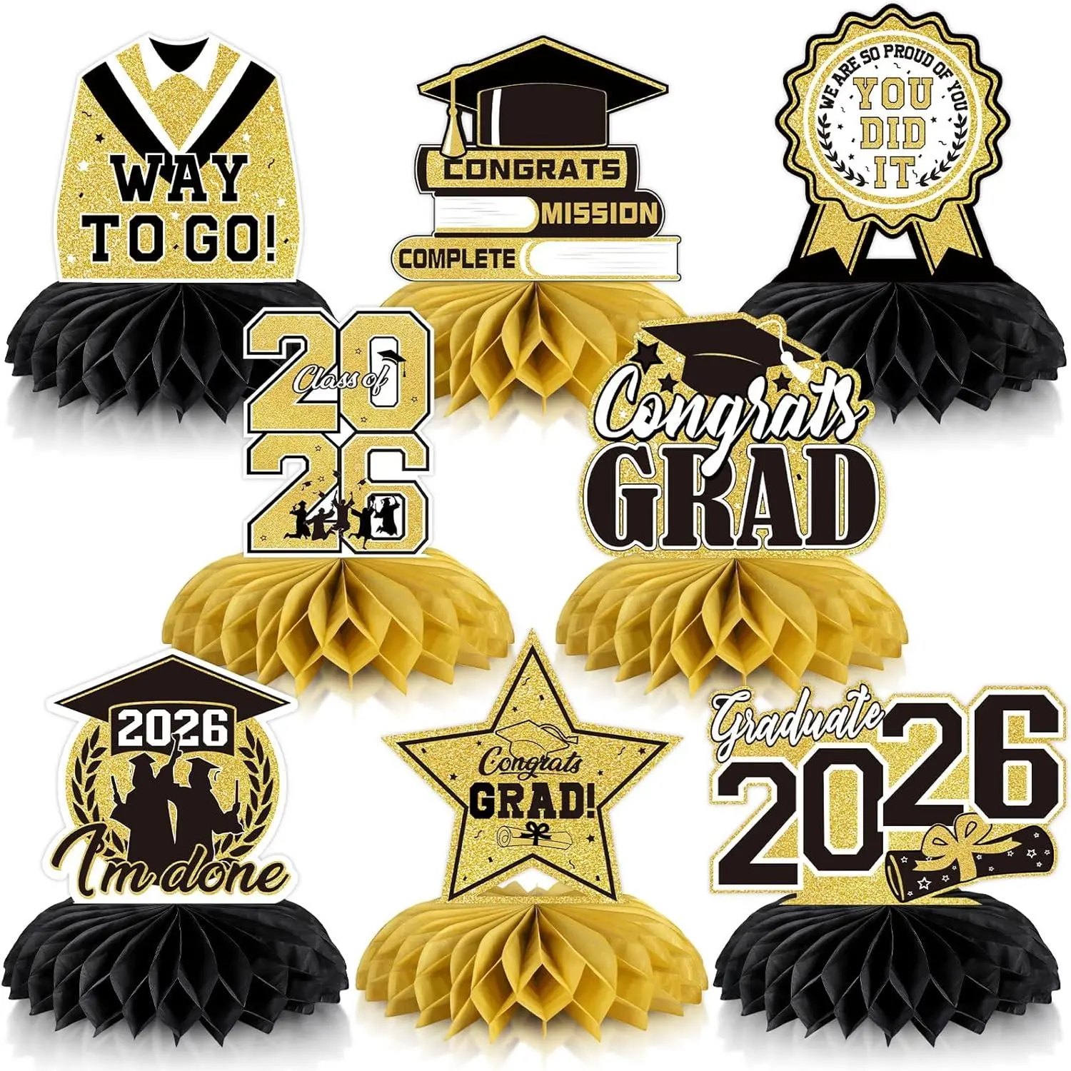 8 count Graduation Party Decorations Class of 2026 Honeycomb Centerpieces for Graduation Table Decor.
