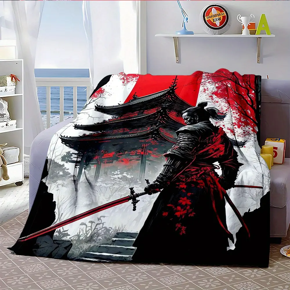 Samurai Warrior Blanket, Soft Flannel Throw Blanket with Red Black Japanese Temple Sword Print, Cozy Gift for Men Women Teens and Martial Arts Lovers, Anime Style Room Decor for Bed Couch Sofa, Lightweight Warm Throw