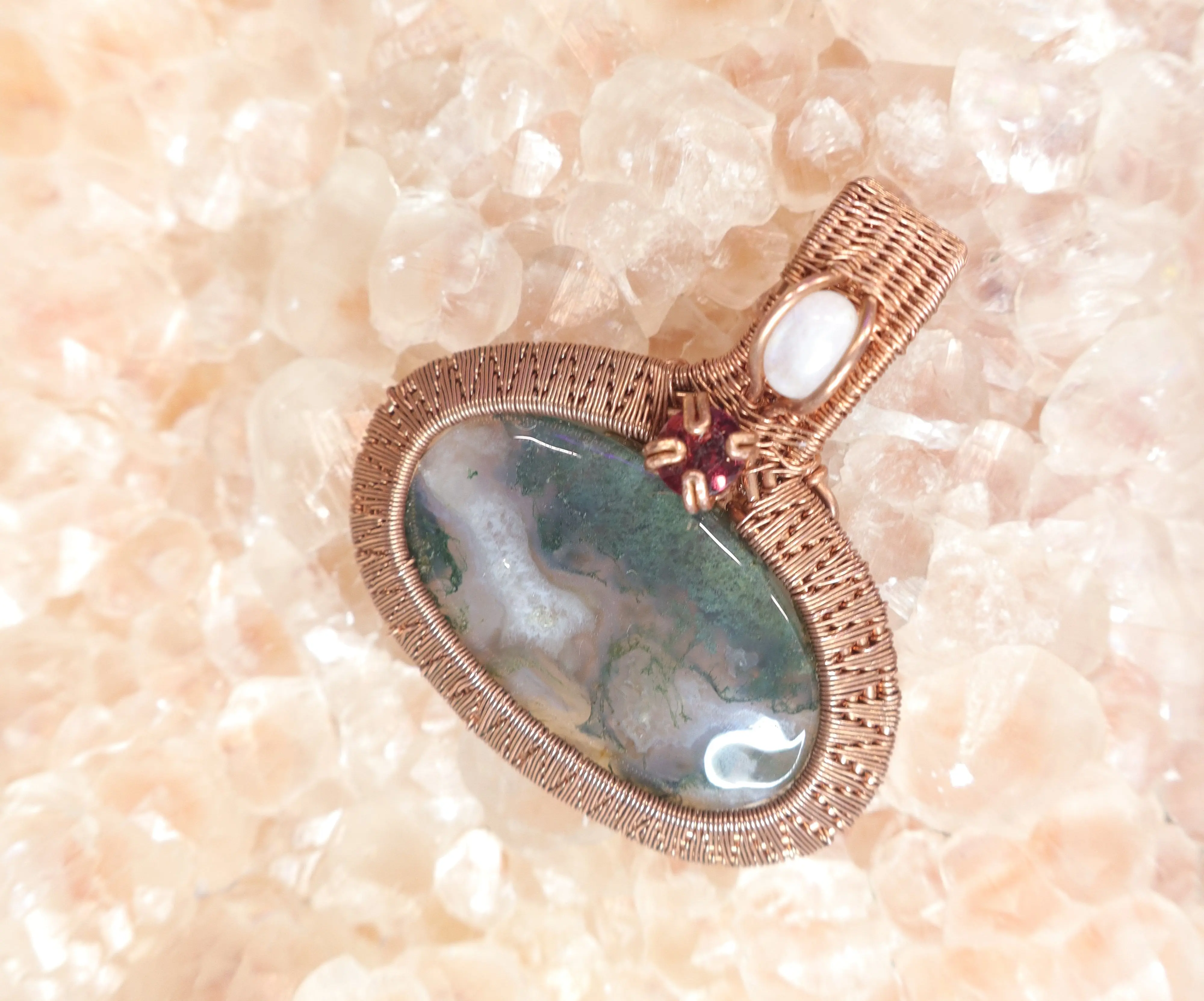Wire Wrapped Moss Agate With Garnet Faceted Accent Stone and Moonstone Mini Cabochon