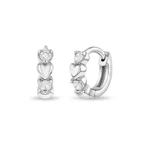 Heart & CZ Cascade 9mm Kids / Children's / Girls Earrings Hoop/Huggie Safety Latch - Sterling Silver