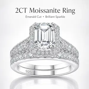 S925 Sterling Silver 2CT Emerald Cut Halo Moissanite Ring Set, D Color VVS1, Hypoallergenic Bridal Engagement Wedding Ring Set for Women queen ring