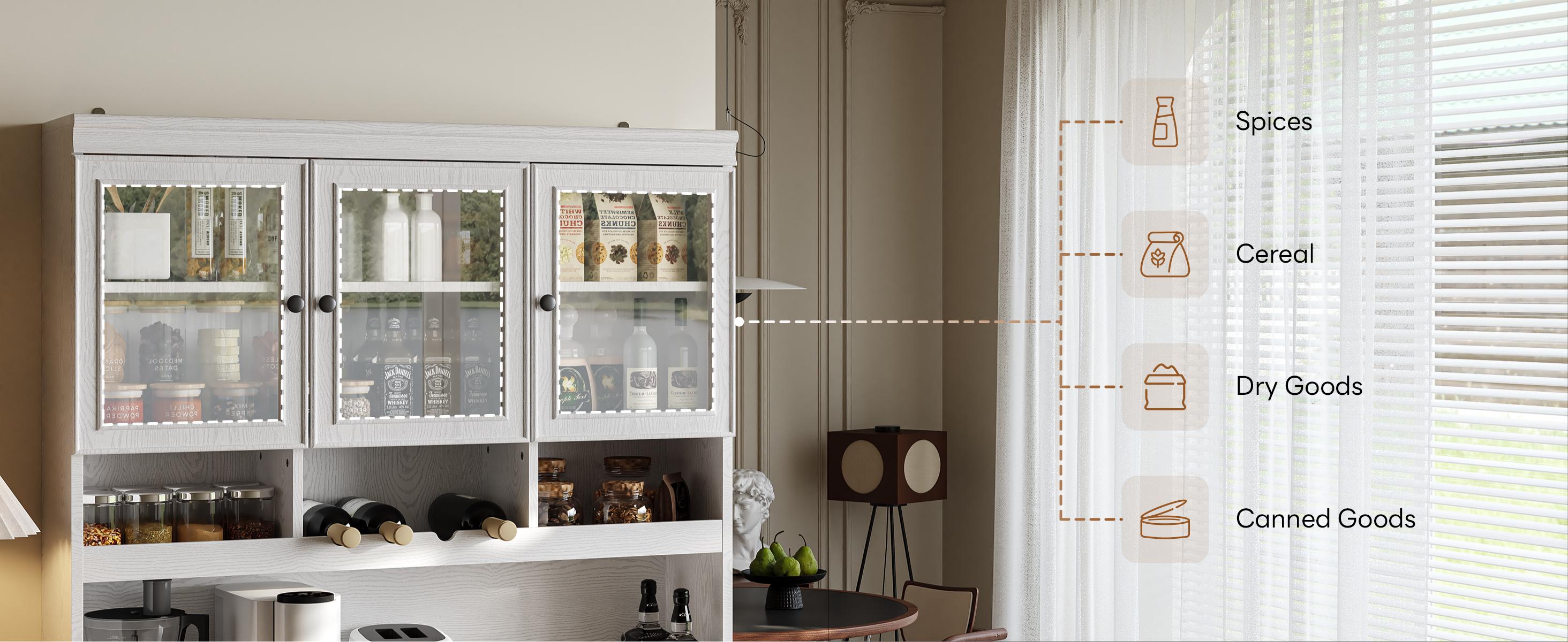 LIKIMIO 74.8" Cabinet with Glass Doors, Tall Kitchen Pantry, Storage Cabinet with Microwave Stand, 4 Adjustable Shelves, Wine & Glass Station, Modern Display Cabinet for Home Living Room