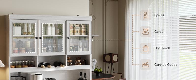 LIKIMIO 74.8" Cabinet with Glass Doors, Tall Kitchen Pantry, Storage Cabinet with Microwave Stand, 4 Adjustable Shelves, Wine & Glass Station, Modern Display Cabinet for Home Living Room