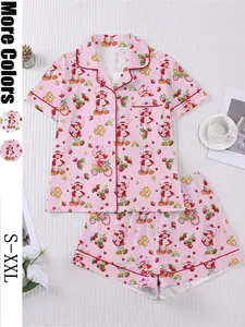 Women's Strawberry Cartoon Print Sleepwear Loungewear Set Short Sleeve Button-Up Top Elastic Shorts Casual Home Wear for Daily Use Pajama Set